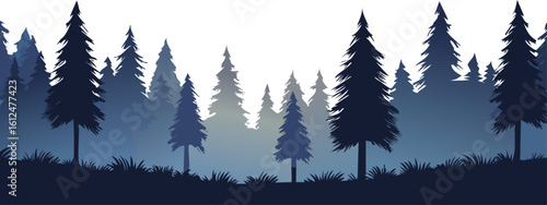 A serene silhouette of a dense forest with tall trees casting a calming atmosphere