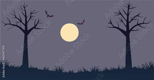 An eerie night scene with a full moon, bats, and bare trees silhouetted against the dark sky