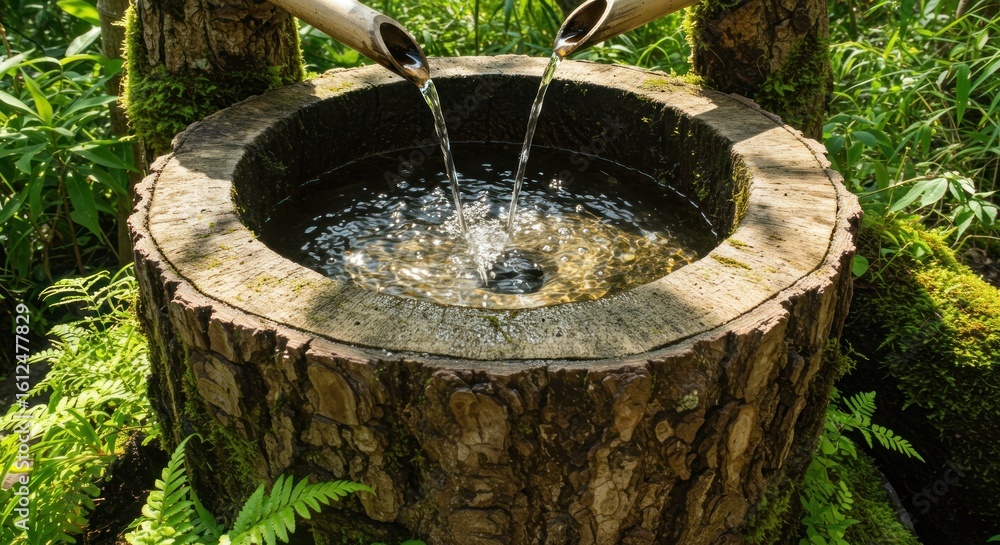 Fototapeta premium Wooden water basin with bamboo spout