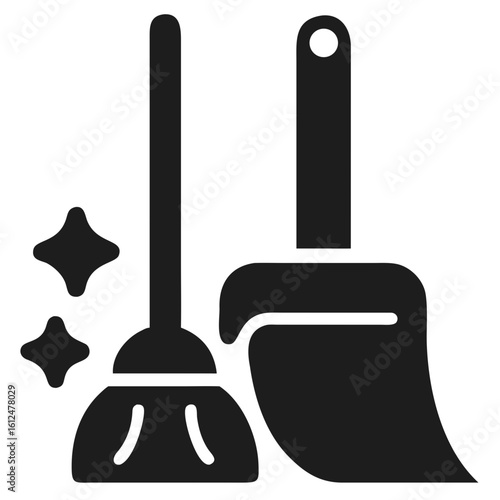 Black silhouette of broom and dustpan cleaning tools representing tidiness and household maintenance in a simple design