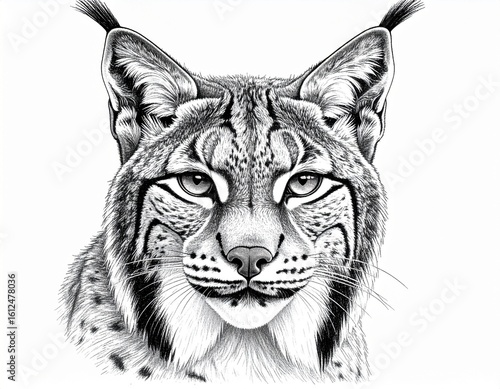 Detailed black and white illustration of a lynx's face, looking forward with focused eyes.