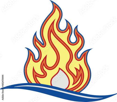 Stylized flame with blue wave and white accent fire