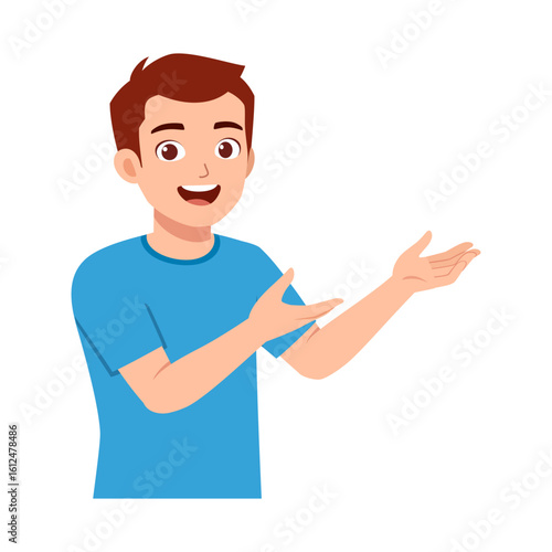 Happy Caucasian man in blue shirt gesturing with hands in a presentation pose with cheerful mood
