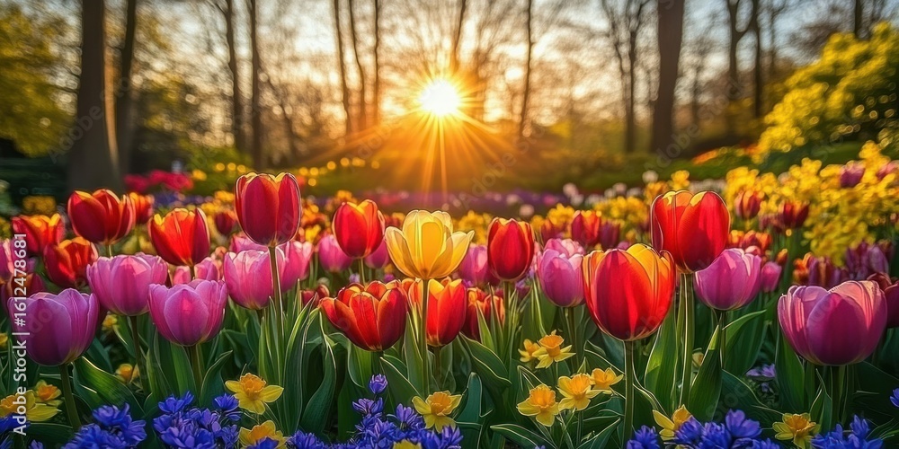 Obraz premium Colorful tulip garden with vibrant red, pink, and yellow flowers glowing under a warm golden sunset light with soft focus trees in background