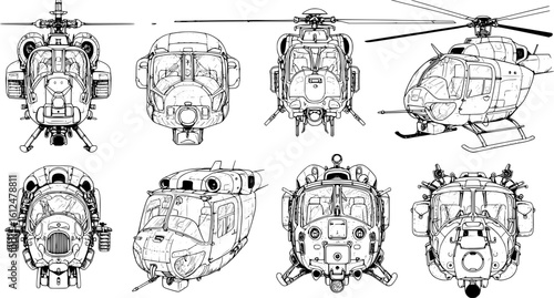 Detailed helicopter illustrations showcasing different perspectives for aviation and design projects