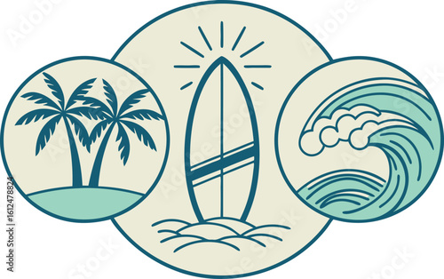 Surfboard wave and palm trees in circles ocean beach