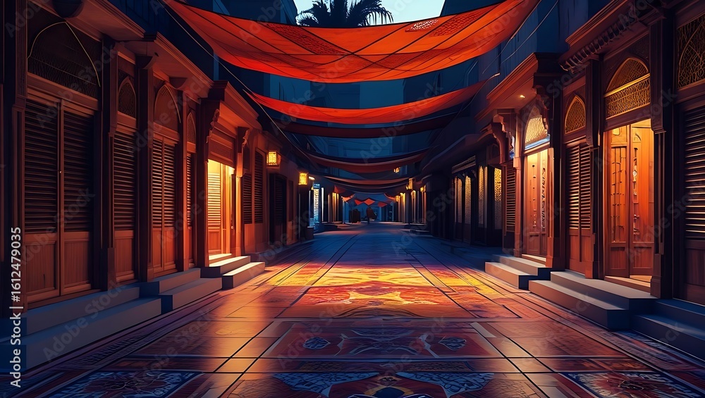 Obraz premium Mysterious ancient hallway illuminated by warm lantern light