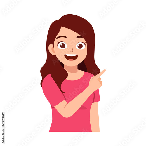 Happy Brunette Woman Smiling and Pointing to the Right Side with Pink Shirt in Cartoon Style