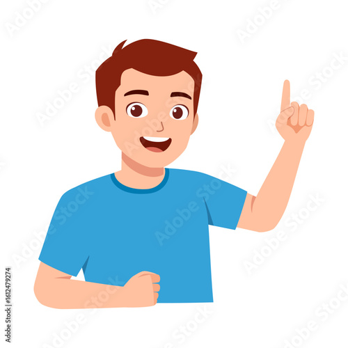 Happy young boy pointing finger up with cheerful expression in cartoon style illustration