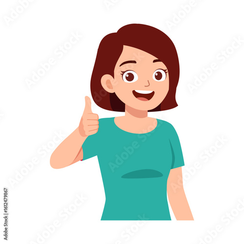 Young woman giving thumbs up with smile, cheerful and positive body language in cartoon style illustration