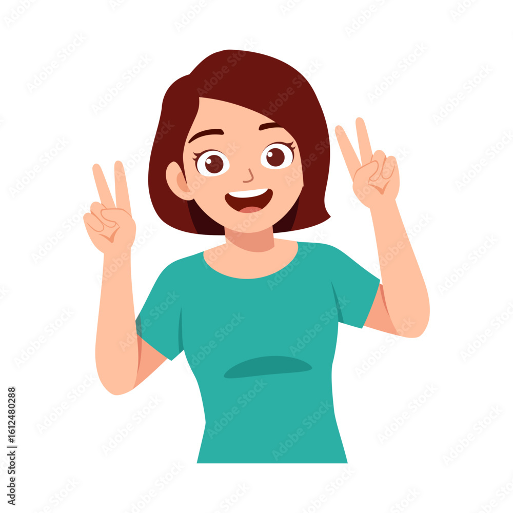 Happy Young Woman Showing Peace Sign with Both Hands and Smiling on White Background Happy Young Woman Showing Peace Sign with Both Hands and Smiling on White Background