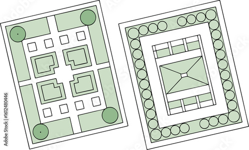 Two garden designs with green planting areas and pathways
