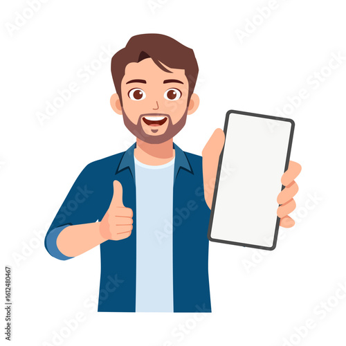 Happy Caucasian man showing smartphone screen while giving thumbs up in cartoon style
