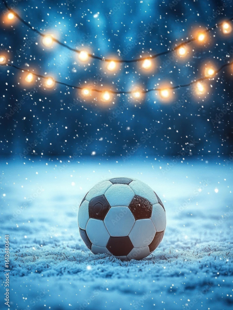 Naklejka premium Black and white soccer ball resting on snow-covered ground with falling snowflakes under warm glowing string lights against a blurred blue winter background