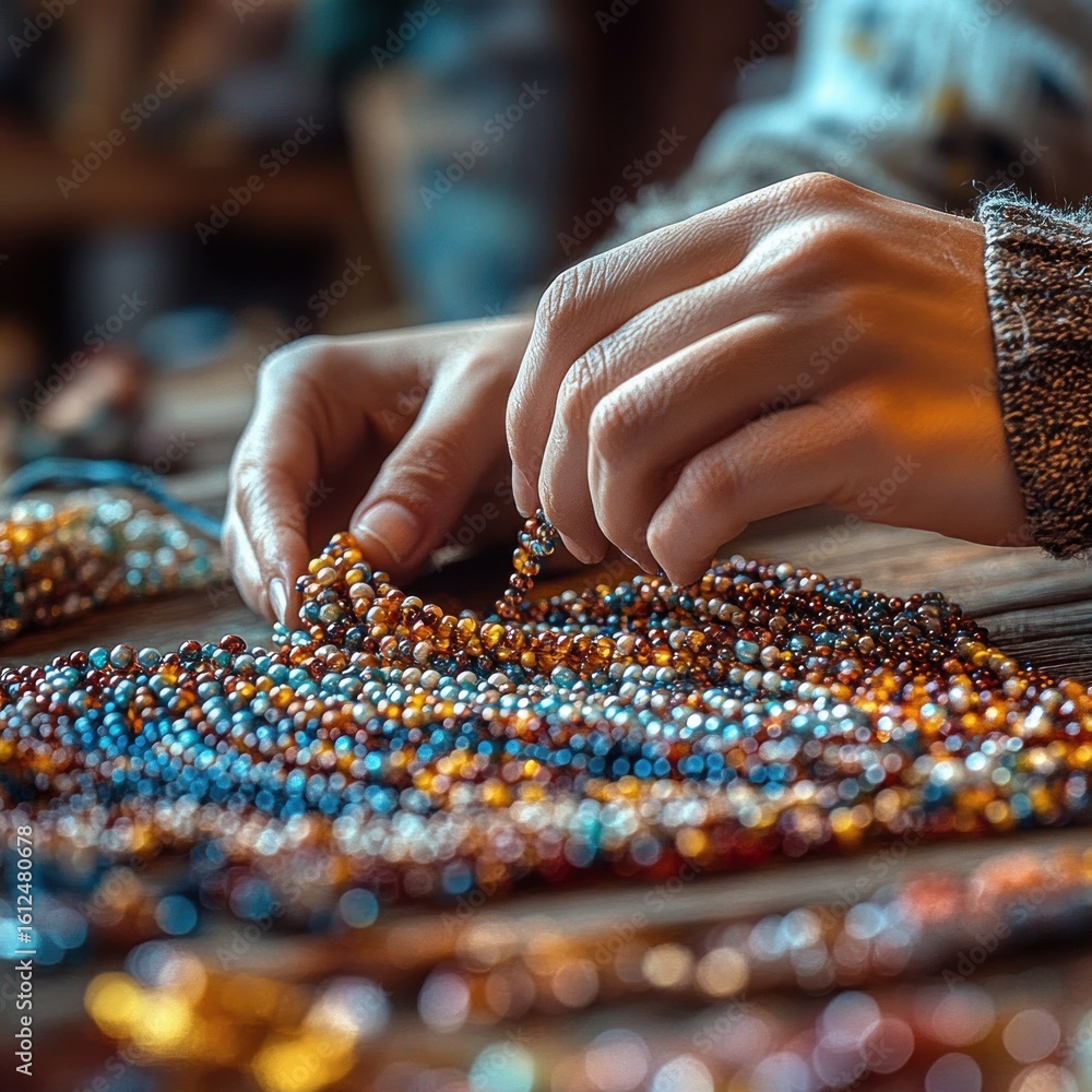 Close-up of hands carefully stringing colorful beads to create handcrafted jewelry with a warm, focused atmosphere Close-up of hands carefully stringing colorful beads to create handcrafted jewelry with a warm, focused atmosphere