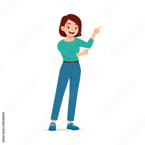 Cheerful Caucasian Woman Pointing Sideways While Standing in Full Body Shot on White Background