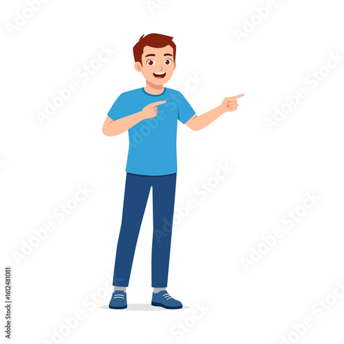 Smiling Young Man Pointing Sideways with Both Hands in Casual Blue Outfit Illustration