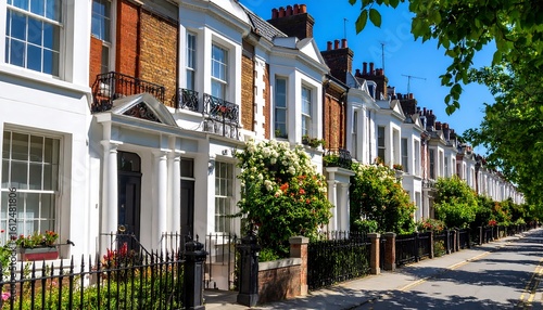 Charming Victorian Row Houses with Lush Gardens on a Sunny Day in London England