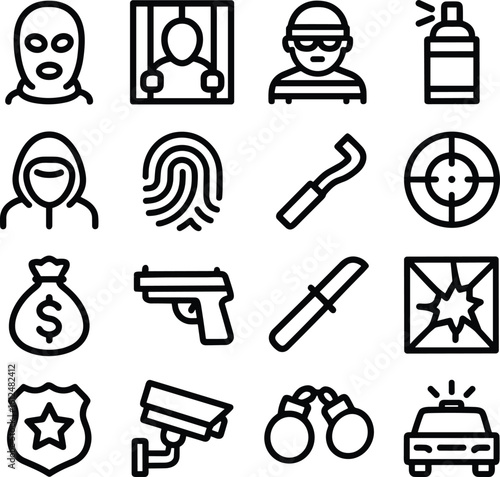 Minimalist Outline Criminal Crime Elements Icon Set Illustration