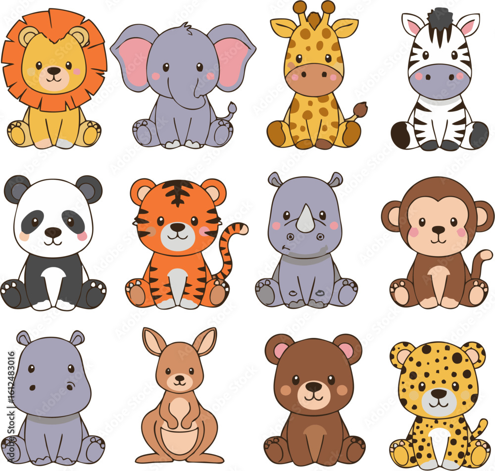 Obraz premium Illustration of twelve cartoon baby animals sitting: lion, elephant, giraffe, zebra, panda, tiger, rhino, monkey, hippo, kangaroo, bear, and cheetah.