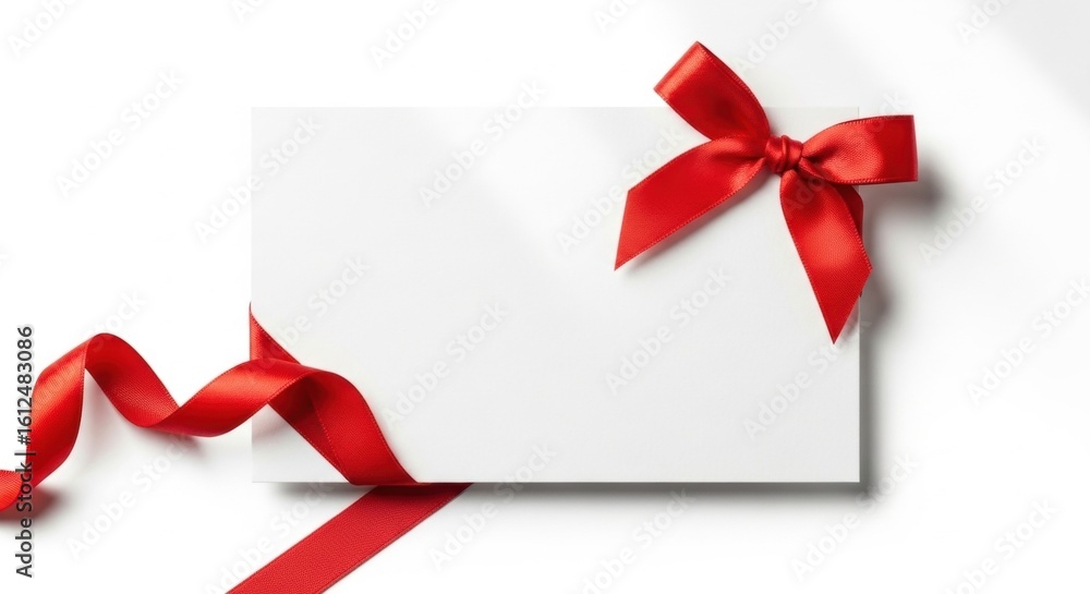Elegant Gift Card: Red Ribbon Bow on White Background Elegant Gift Card: Red Ribbon Bow on White Background