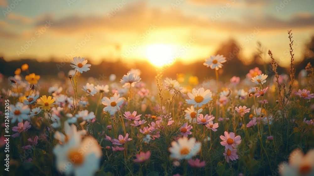 Fototapeta premium Field of colorful wildflowers blooming at golden sunset with warm sunlight and soft glowing atmosphere