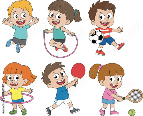 Children playing soccer, jumping rope, table tennis, tennis, and hula hoop, active outdoor fun, healthy lifestyle illustration, cartoon sports conceptPrint