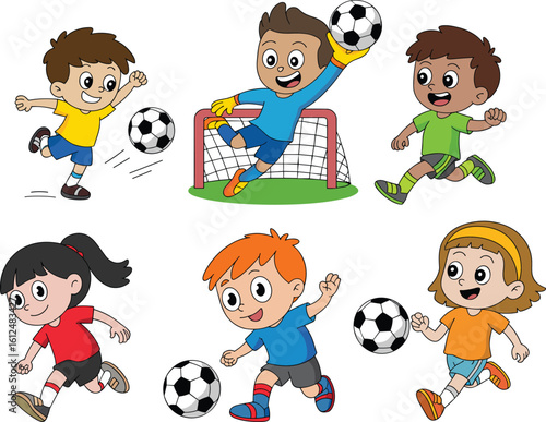 PrintChildren playing football outdoors, cartoon soccer illustration, colorful outfits, teamwork in sports, happy kids, fun activity, youth game conceptChildren playing football outdoors
