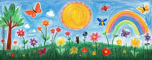 Colorful crayon drawing of a sunny day with a large sun, blue sky with clouds, a rainbow, butterflies, bees, a tree, and various vibrant flowers on green grass