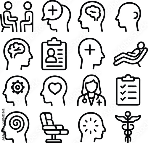 Minimalist Line Art Head Symbol Mental Health and Psychology Icon Set