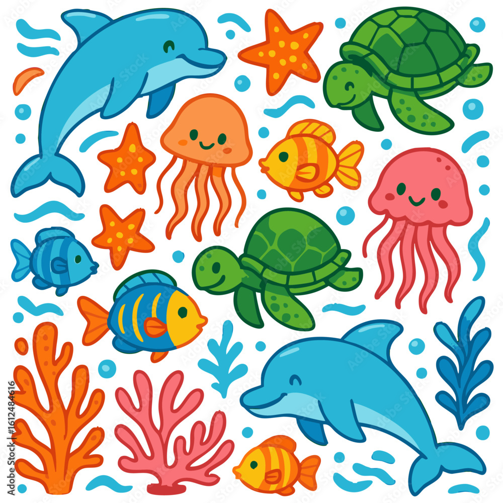 Naklejka premium Vector art of a whimsical underwater world filled with friendly cartoon dolphins, turtles, jellyfish, fish, and starfish in vibrant colors isolated on transparent background