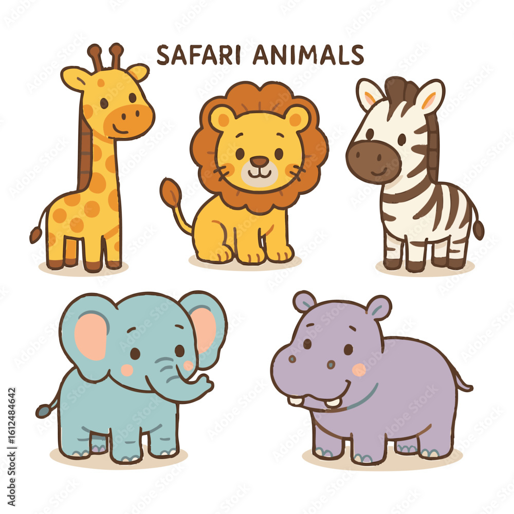 Fototapeta premium Vector art of a delightful collection of cute cartoon safari animals, including a giraffe, lion, zebra, elephant, and hippopotamus isolated on transparent background