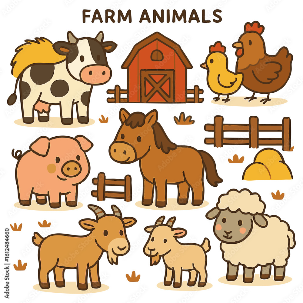 Fototapeta premium Vector art of a charming collection of cute farm animals including a cow, pig, horse, sheep, goat, and chickens isolated on transparent background