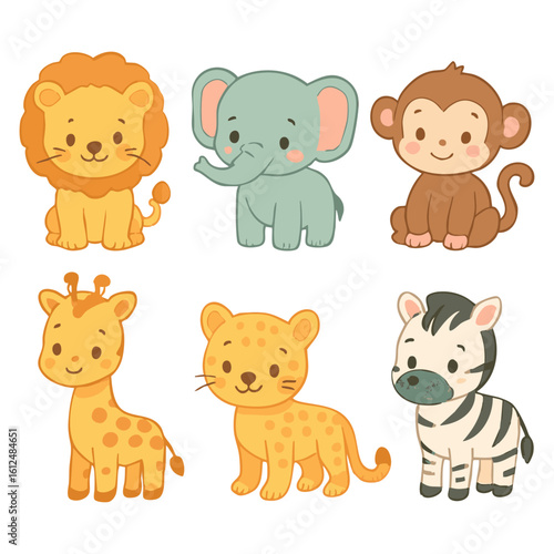 Vector art of a delightful set of baby safari animals including a lion, elephant, monkey, giraffe, leopard, and zebra isolated on transparent background