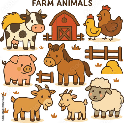 Vector art of a charming collection of cute farm animals including a cow, pig, horse, sheep, goat, and chickens isolated on transparent background