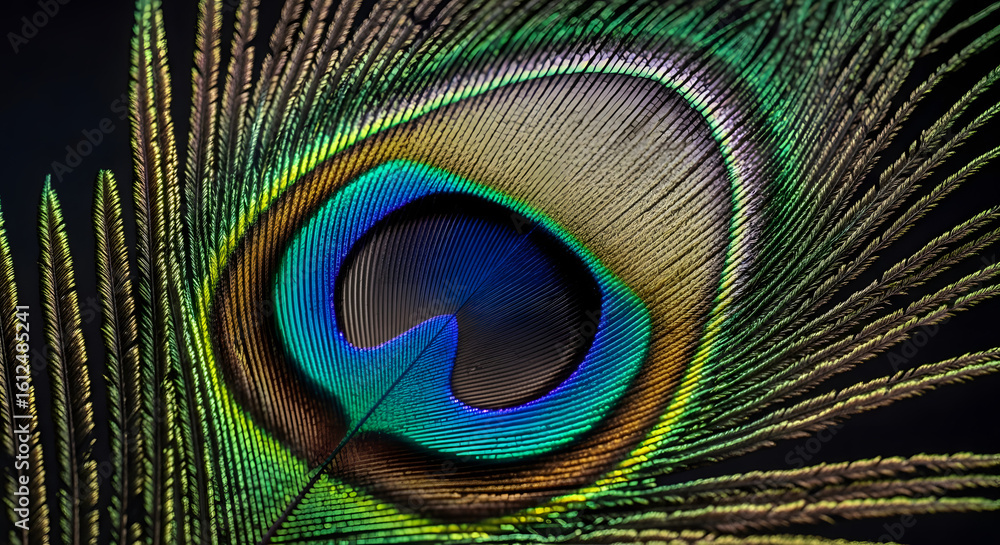Fototapeta premium Vibrant peacock feather close-up nature photography macro shot colorful patterns artistic perspective