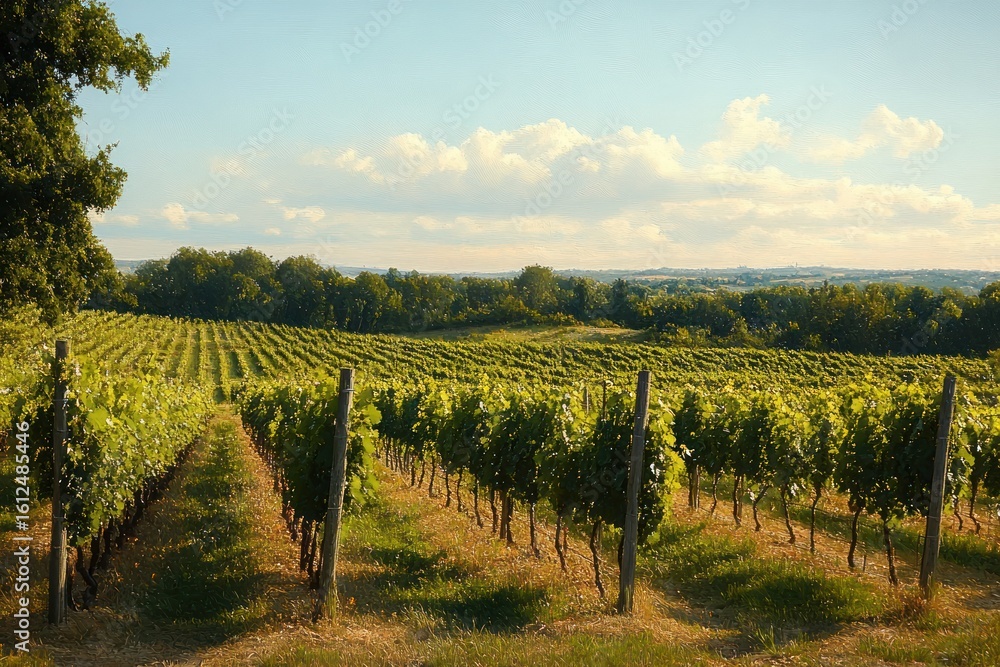 Fototapeta premium Expansive vineyard with rows of grapevines under a bright blue sky with scattered clouds, surrounded by trees and distant hills in warm sunlight