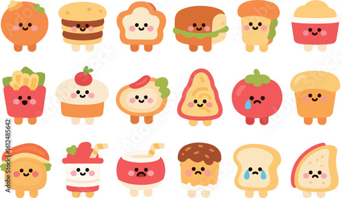Cute kawaii food characters with happy faces isolated on transparent background