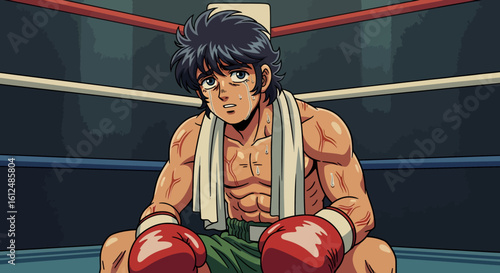 Exhausted Boxer in the Ring, Tears and Sweat, Defeated but Determined.