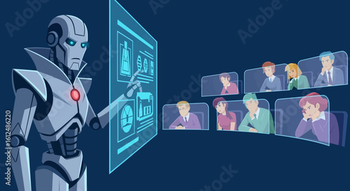 Futuristic Robot Presenting Data to Remote Audience