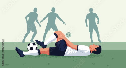 Injured Soccer Player on Field with Teammates and Soccer Ball.
