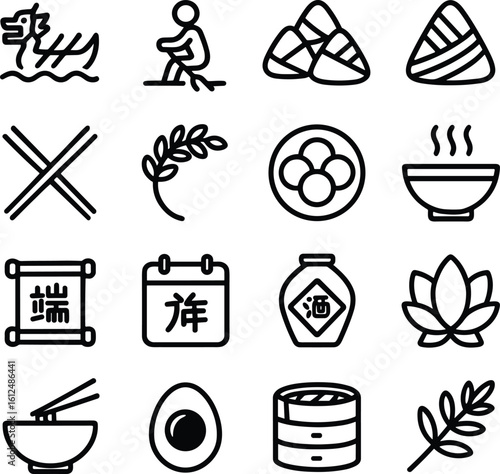 Outline Chinese Traditional Dragon Boat Festival Culture Food Icon Set