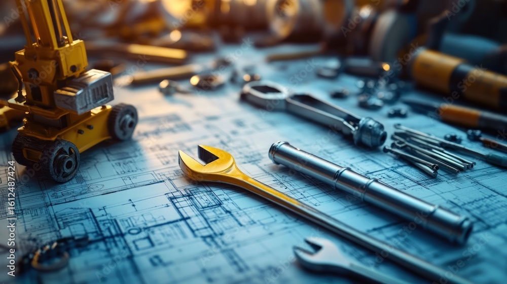 Fototapeta premium Close-up view of various mechanical tools including wrenches and screwdrivers carefully arranged on detailed architectural blueprints with a small yellow toy crane model