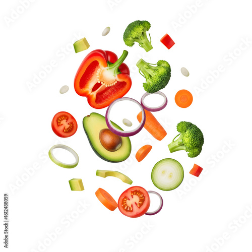 Fresh vegetable slices and florets falling isolated on transparent background
