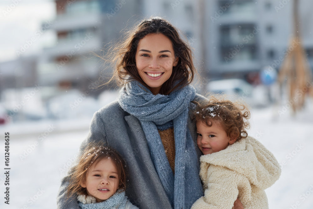 Obraz premium caring mother embraces her children warmly against backdrop of snowy city