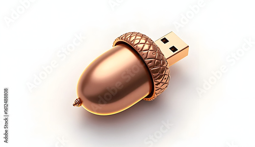 Wallpaper Mural 3D Plastic-Style Icon of a Futuristic USB Flash Drive Shaped Like a Polished Acorn with Semi-Transparent Brown Cap, Copper Body, Intricate Texture, and Light Glow on a Clean White Background Torontodigital.ca