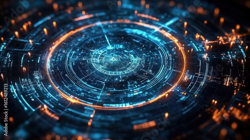 Wallpaper Mural Futuristic digital circular interface with glowing blue and orange lights displaying intricate technological patterns and data points in a dark environment Torontodigital.ca