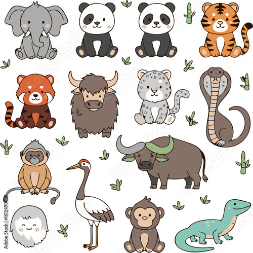 Adorable cartoon animals from around the world, sitting and posing in a charming illustration.