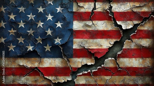 United States flag with faded colors and large deep cracks symbolizing damage and division