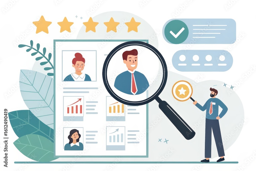 Businessperson Reviewing Profiles with Magnifying Glass and Charts Businessperson Reviewing Profiles with Magnifying Glass and Charts
